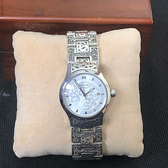 LOIS HILL Sterling Silver Large Round White Face Alternating Links Swiss Watch - Picture 13 of 17